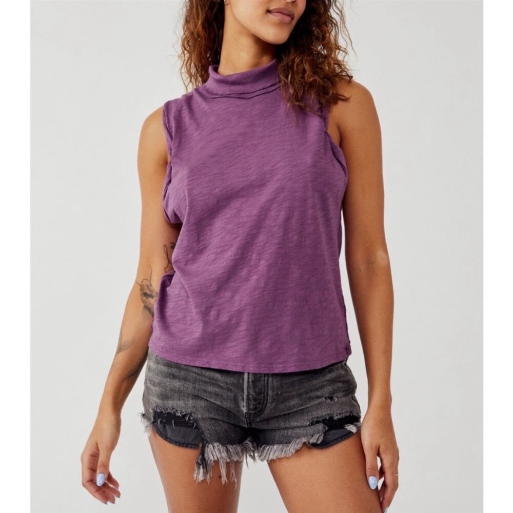 We The Free Free People Purple Sleeveless Mock Neck Slub Knit Top Boysenberry M